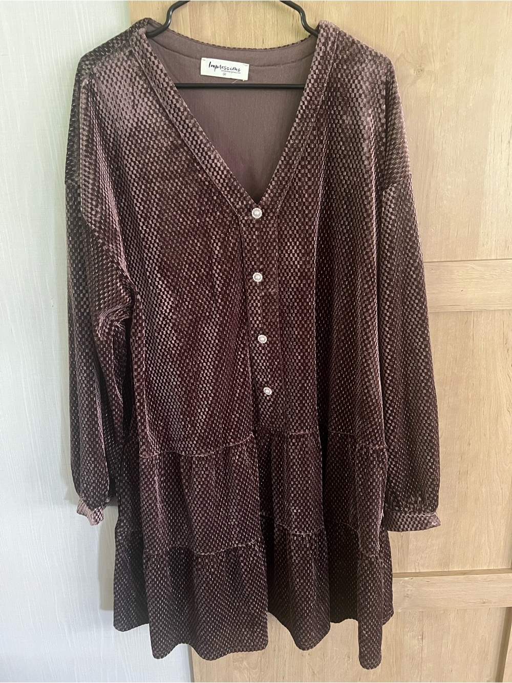Impressions Brown Velvet V-Neck Tiered Long Sleeve Dress